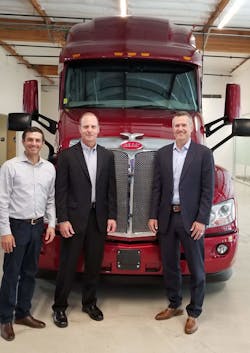 (Left to right) Jake Monetero, Paccar Innovation Center general manager; Scott Newhouse, Peterbilt chief engineer; and Jason Koog, Peterbilt general manager, pose with a Peterbilt at the Paccar Innovation Center in Sunnyvale, Calif. (Left to right) Jake Monetero, Paccar Innovation Center general manager; Scott Newhouse, Peterbilt chief engineer; and Jason Koog, Peterbilt general manager, pose with a Peterbilt at the Paccar Innovation Center in Sunnyvale, Calif.