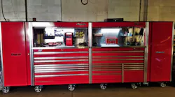 Shop owner Josh Wischmeyer of Charlie's Auto Repair in Michigan has a 15' long, 6' tall, 30' deep, red Snap-on setup.