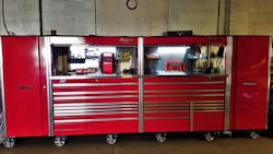 Shop owner Josh Wischmeyer of Charlie's Auto Repair in Michigan has a 15' long, 6' tall, 30' deep, red Snap-on setup. Shop owner Josh Wischmeyer of Charlie's Auto Repair in Michigan has a 15' long, 6' tall, 30' deep, red Snap-on setup.