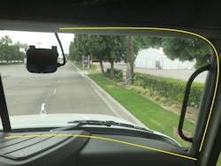 The pre-wiring for Lytx DriveCam hardware is illustrated here, with the yellow markings, indicating where the pre-wiring is located within the vehicle cab. The pre-wiring for Lytx DriveCam hardware is illustrated here, with the yellow markings, indicating where the pre-wiring is located within the vehicle cab.