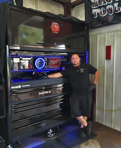 Chris Barnes of Black Cat Auto and Diesel with his custom Matco toolbox. Chris Barnes of Black Cat Auto and Diesel with his custom Matco toolbox.