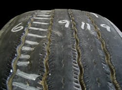 (SECTION 3: Irregular steer tire conditions) 4. Depression Wear (Intermediate) Appearance: One or more interior ribs (not center) depressed more than adjacent ribs. Probable Cause: Incorrect air pressure, worn mechanical part, or non-uniformity such as mismount. Corrective Action: Check air pressure and mechanical issues. Tire Disposition: Rotate or retread. (SECTION 3: Irregular steer tire conditions) 4. Depression Wear (Intermediate) Appearance: One or more interior ribs (not center) depressed more than adjacent ribs. Probable Cause: Incorrect air pressure, worn mechanical part, or non-uniformity such as mismount. Corrective Action: Check air pressure and mechanical issues. Tire Disposition: Rotate or retread.