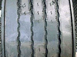 (SECTION 3: Irregular steer tire conditions) 7. Multiple Flat Spotting Wear Appearance: Multiple radially worn areas around the tire. Probable Cause: Faulty shocks, loose/worn wheel bearings, severe balance issues, mismatched pressures or tire diameters, excessive high speed empty operation. Corrective Action: Check for mechanical issue, check air pressure. Tire Disposition: Continue to run or retread. (SECTION 3: Irregular steer tire conditions) 7. Multiple Flat Spotting Wear Appearance: Multiple radially worn areas around the tire. Probable Cause: Faulty shocks, loose/worn wheel bearings, severe balance issues, mismatched pressures or tire diameters, excessive high speed empty operation. Corrective Action: Check for mechanical issue, check air pressure. Tire Disposition: Continue to run or retread.