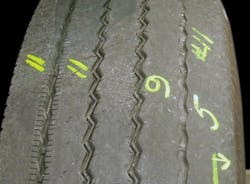 (SECTION 3: Irregular steer tire conditions) 1. One Sided Wear Appearance: Wear increasing from one side to the other. Probable Cause: Out of alignment specification parameters (camber, toe, axle parallelism). Corrective Action: Check alignment and inspect for worn parts. Tire Disposition: Continue to run until minimum tread depth is reached. (SECTION 3: Irregular steer tire conditions) 1. One Sided Wear Appearance: Wear increasing from one side to the other. Probable Cause: Out of alignment specification parameters (camber, toe, axle parallelism). Corrective Action: Check alignment and inspect for worn parts. Tire Disposition: Continue to run until minimum tread depth is reached.
