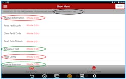 This screenshot shows the various modes of the scan tool and their titles used by Launch. Note that there are two different functions and titles for Modes $08 and $09 in the ABS system. This screenshot shows the various modes of the scan tool and their titles used by Launch. Note that there are two different functions and titles for Modes $08 and $09 in the ABS system.