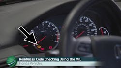 To begin readiness code checking with the malfunction indicator lamp (MIL), start with the ignition off. Then, turn the ignition on, while keeping the engine off. For the next step, view the next photo. To begin readiness code checking with the malfunction indicator lamp (MIL), start with the ignition off. Then, turn the ignition on, while keeping the engine off. For the next step, view the next photo.