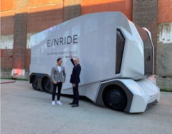 Michelin Group’s CEO Florent Menegaux with Einride’s Head of Operations, Niklas Reinedahl, in front of the T-pod during the Movin’On Summit 2019 in Montreal. Michelin Group’s CEO Florent Menegaux with Einride’s Head of Operations, Niklas Reinedahl, in front of the T-pod during the Movin’On Summit 2019 in Montreal.