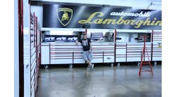 The L-shaped, 60&rsquo; long Snap-on Mr. Big Toolbox unit at Redz Auto Body in East McKeesport, Pennsylvania is made up of two lockers, four hutches and two top boxes.