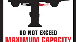 Pay attention to the warning decal on your lift. This decal is supplied on two-post lifts as a visual reminder to not exceed maximum capacity per swing arm.