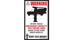 Pay attention to the warning decal on your lift. This decal is supplied on two-post lifts as a visual reminder to not exceed maximum capacity per swing arm.