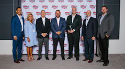 Wabco team members accept the 2019 Pinnacle Award from Wabash National senior leaders. Pictured are (left to right) Richard Mansilla, director of global strategic sourcing, Wabash National; Allison Belden, customer service manager, Wabco; Patrick Kealy, trailer business leader, Wabco North America; Brent Yeagy, president and CEO, Wabash National; Zakary Kennedy, key account leader, Wabco; Nick Adler, vice president of supply chain and business transformation, Wabash National; and Cody Vaught, global category manager, Wabash National.
