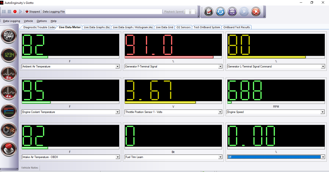 AutoEnginuity Giotto screenshot showing PIDS associated with charging system.