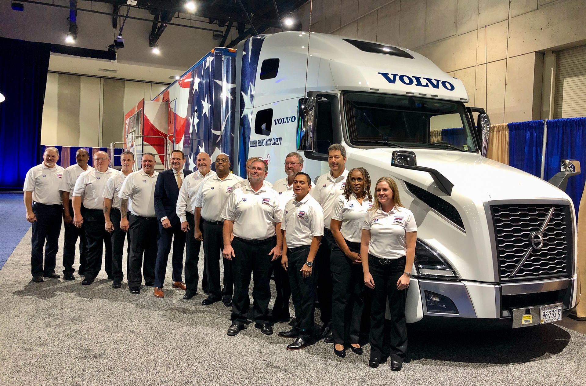 The Captains of America&rsquo;s Road Team with Volvo Trucks North America&rsquo;s President, Peter Voorhoeve. America&rsquo;s Road Team is a public outreach program sponsored by Volvo Trucks North America.