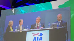 Rebecca Brewster, President and CEO, ATRI, (far left) moderated a panel at ATA's MC&E discussing the Top Industry Issues highlighted in the non-profit's annual survey. Panelists, from left to right, included James D Reed, President and CEO, USA Trucks; Gary Helms, America’s Road Team Captain, Covenant Transport; and Robert Costello, Senior VP, Chief Economist, ATA.