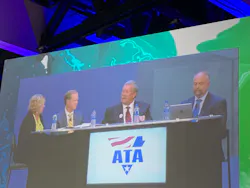Rebecca Brewster, President and CEO, ATRI, (far left) moderated a panel at ATA's MC&E discussing the Top Industry Issues highlighted in the non-profit's annual survey. Panelists, from left to right, included James D Reed, President and CEO, USA Trucks; Gary Helms, America’s Road Team Captain, Covenant Transport; and Robert Costello, Senior VP, Chief Economist, ATA.