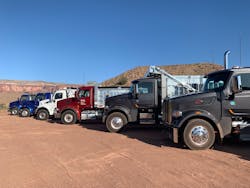 The lineup included 2020 Peterbilt Model 567s, some specified with traditional dump bodies, side dumps, and tractors designed for heavy haul. The lineup included 2020 Peterbilt Model 567s, some specified with traditional dump bodies, side dumps, and tractors designed for heavy haul.