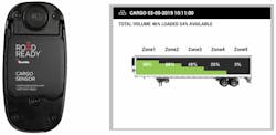 The Road Ready cargo sensor (left) can be used in multiples depending on the size of a trailer. The cargo system widget (right) displays how much cargo is loaded.