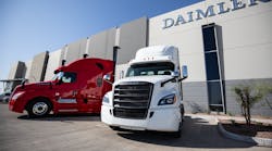 Freightliner Cascadias outside the Goodyear, Arizona DTNA parts distribution center.