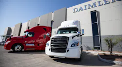 Freightliner Cascadias outside the Goodyear, Arizona DTNA parts distribution center.