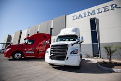 Freightliner Cascadias outside the Goodyear, Arizona DTNA parts distribution center. Freightliner Cascadias outside the Goodyear, Arizona DTNA parts distribution center.