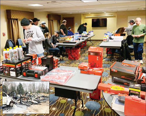 The technicians receiving their new tools through Professional Tool & Equipment News and VehicleServicePros.com's Holiday Tool Drive. The inset shows the shop after the fire.