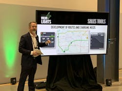 Brett Pope, director of electric vehicles for Volvo Trucks North America, shared a tool the company has developed to help fleets better predict the remaining charge of a fleet&apos;s battery-electric trucks based on real-time data collection. The program is designed to help fleets take action to adjust the route or contact the driver as needed.