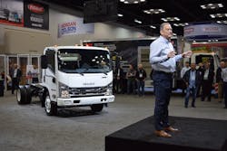 Shaun Skinner, president of Isuzu Commercial Truck of America, and president of Isuzu Commercial Truck of Canada stands in front of the Isuzu NPR-HD truck, during a press conference at the Work Truck Show 2020. Shaun Skinner, president of Isuzu Commercial Truck of America, and president of Isuzu Commercial Truck of Canada stands in front of the Isuzu NPR-HD truck, during a press conference at the Work Truck Show 2020.