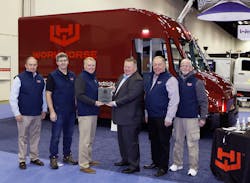Representatives from Workhorse accept The Work Truck Show 2020 Innovation Award, green category, for the company's C-Series lightweight step van. From left to right: Daniel Zito, vice president, business development; Steve Conrad, training and safety director; Pax Lindell, director of sales; NTEA President and CEO Steve Carey; Mike Dektas, consultant; Gary Sheldt, marketing manager. Representatives from Workhorse accept The Work Truck Show 2020 Innovation Award, green category, for the company's C-Series lightweight step van. From left to right: Daniel Zito, vice president, business development; Steve Conrad, training and safety director; Pax Lindell, director of sales; NTEA President and CEO Steve Carey; Mike Dektas, consultant; Gary Sheldt, marketing manager.