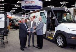Morgan Olson's Rich Tremmel, vice president of sales and marketing, and Mark Hope, vice president of engineering, receive The Work Truck Show 2020 Innovation Award, body concept category, for the company's Class 2 Storm step van, from NTEA President and CEO Steve Carey. Morgan Olson's Rich Tremmel, vice president of sales and marketing, and Mark Hope, vice president of engineering, receive The Work Truck Show 2020 Innovation Award, body concept category, for the company's Class 2 Storm step van, from NTEA President and CEO Steve Carey.