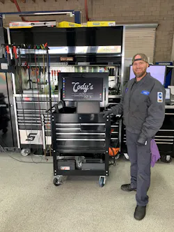 Gaddie modified his Harbor Freight tool cart to create the perfect setup for all his diagnostic tools and equipment. Gaddie modified his Harbor Freight tool cart to create the perfect setup for all his diagnostic tools and equipment.