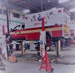 Stertil-Koni provided sets of their Mobile Column Lifts to the FDNY to aid in their essential vehicle servicing during the COVID-19 pandemic. Stertil-Koni provided sets of their Mobile Column Lifts to the FDNY to aid in their essential vehicle servicing during the COVID-19 pandemic.