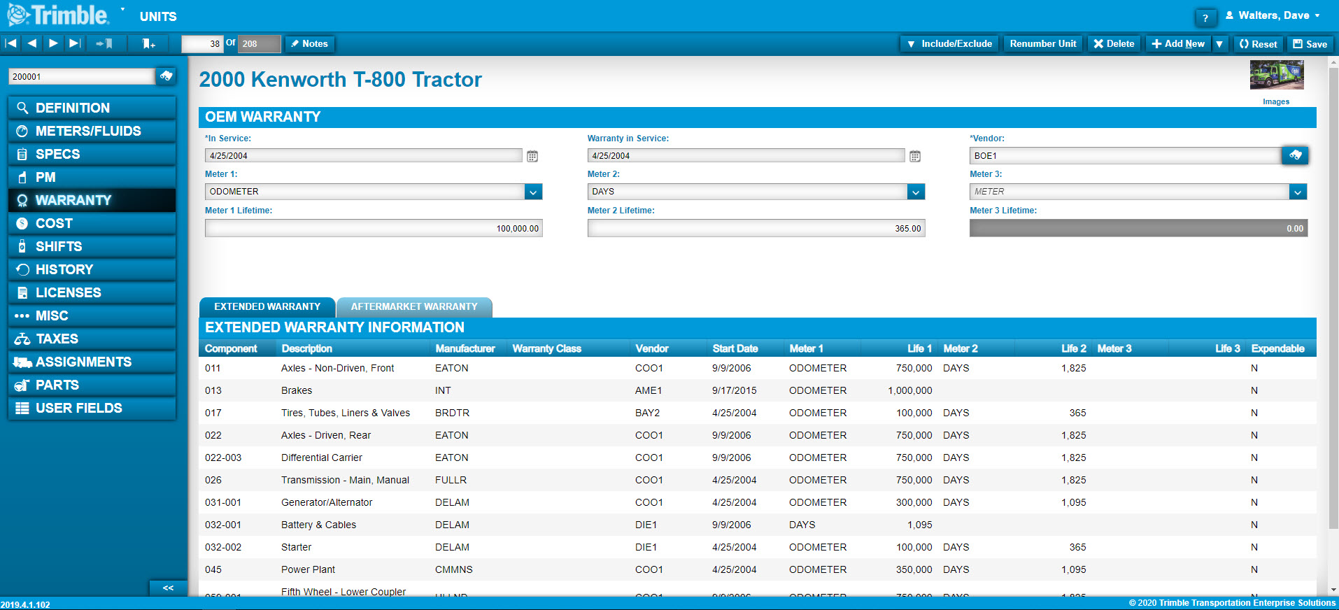 Trimble&rsquo;s TMT Fleet Maintenance solution includes a warranty module that allows fleets to identify, track, and submit warranty claims (warranty setup screen displayed here).