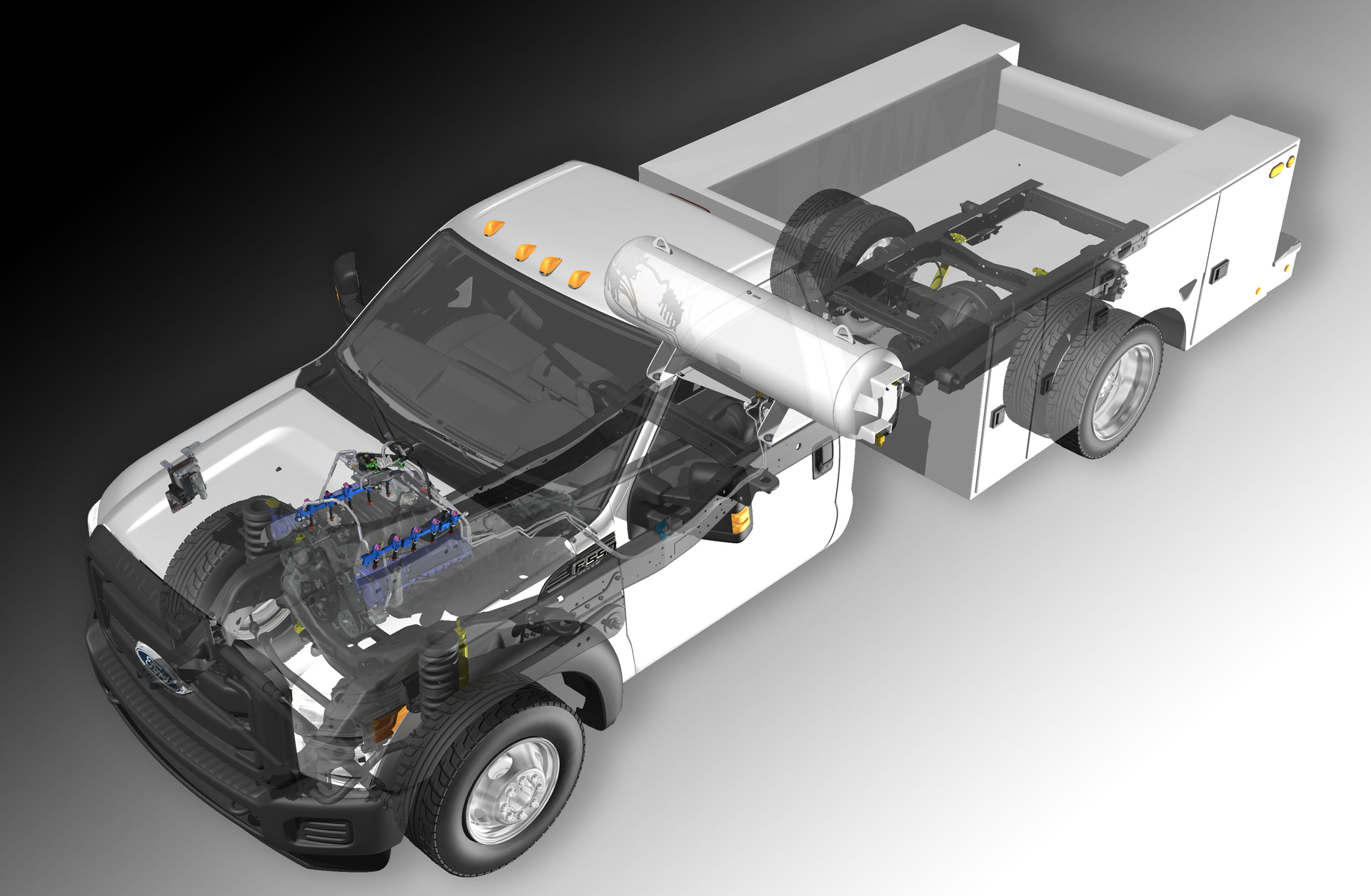 Propane autogas fuel systems for Ford medium-duty trucks offer the same horsepower, torque, and towing capacity rating as gasoline-fueled equivalents.