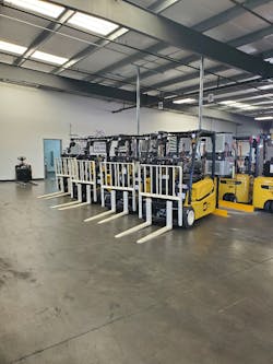 Dependable Highway Express recently switched out its 14 propane forklifts for fully electric forklifts, pictured here. Dependable Highway Express recently switched out its 14 propane forklifts for fully electric forklifts, pictured here.