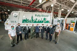 Mack Trucks turned over the keys to its Mack LR Electric demonstration model to DSNY officials. Pictured left to right: DSNY Superintendent Anthony Donofrio; DSNY Deputy Director Michael Matkovic; DSNY Deputy Director Spiro Kattan; DSNY Assist. Chief Joseph Cendagorta; DSNY Deputy Commissioner Rocco DiRico; Mack Trucks National Account Manager John Stuart; Vasso Waste Systems President Tony Vasso; DSNY Deputy Director Giovanni Ianniello; DSNY Superintendent James Anderson. Mack Trucks turned over the keys to its Mack LR Electric demonstration model to DSNY officials. Pictured left to right: DSNY Superintendent Anthony Donofrio; DSNY Deputy Director Michael Matkovic; DSNY Deputy Director Spiro Kattan; DSNY Assist. Chief Joseph Cendagorta; DSNY Deputy Commissioner Rocco DiRico; Mack Trucks National Account Manager John Stuart; Vasso Waste Systems President Tony Vasso; DSNY Deputy Director Giovanni Ianniello; DSNY Superintendent James Anderson.