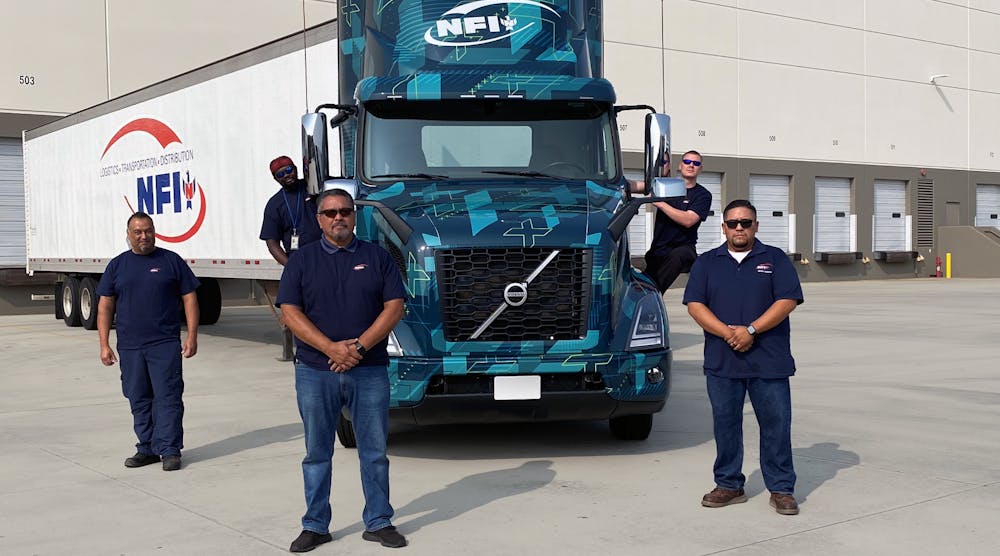 The Volvo VNR Electric trucks will be based at an NFI facility in Southern California that serves as a central distribution center for the region. From left to right: Robert Estrella (driver), Chibuike Nwadigo (driver), Hector Banuelos (fleet manager), Jeffrey Howard (driver), and Elvis Alvarado (driver).