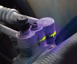 A blacklight or ultraviolet fluorescent dye are the best ways to find an A/C system leak. A blacklight or ultraviolet fluorescent dye are the best ways to find an A/C system leak.
