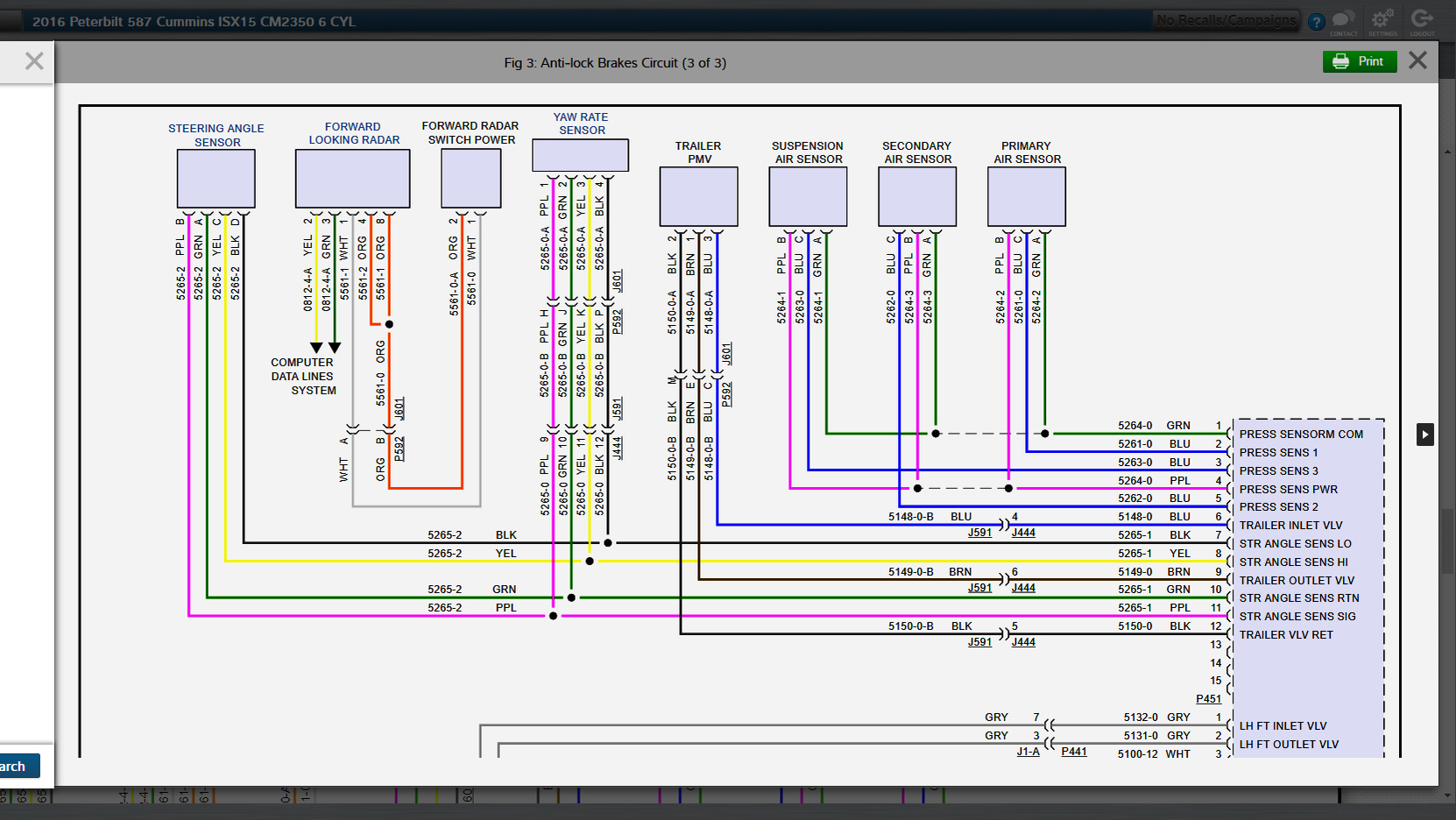 An example of the Mitchell 1 TruckSeries interactive wiring diagram for a 2016 Peterbilt 587's anti-lock brakes circuit.
