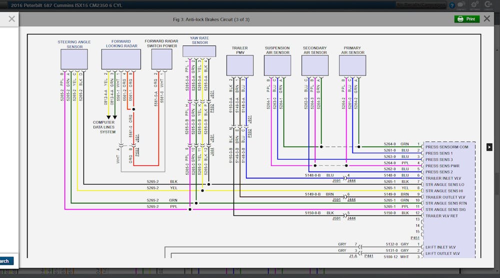 An example of the Mitchell 1 TruckSeries interactive wiring diagram for a 2016 Peterbilt 587&apos;s anti-lock brakes circuit.