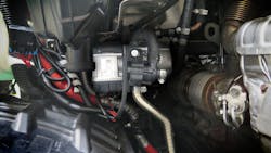 An auxiliary coolant heater is typically mounted in the engine compartment to be integrated into the truck’s coolant system. It draws coolant into a heat exchanger where it is warmed up and pumped back to the engine. An auxiliary coolant heater is typically mounted in the engine compartment to be integrated into the truck’s coolant system. It draws coolant into a heat exchanger where it is warmed up and pumped back to the engine.