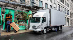The Isuzu last-mile delivery vehicles have a low cab forward design, giving the vehicle a longer body with a similar footprint compared to a conventional vehicle, leaving more room for cargo.
