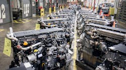 Detroit Diesel DD13 engines await shipping from the factory in Detroit, Mich.