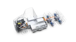 Meritor's 14Xe electric powertrain is designed to provide efficiency, performance, weight savings, and space utilization. Key features, compared to remote mount systems, include a tighter turning radius due to a shorter wheelbase; increased room between frame rails for additional battery capacity, which extends the range of the vehicle; and lighter weight.