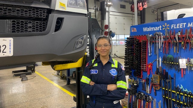 Brianna Luckman, heavy duty technician at the Walmart fleet maintenance shop in Bentonville, Arkansas, works on trucks performing preventive maintenance and follow-up repairs, as well as trailers, doing major repairs such as full front grid replacements.