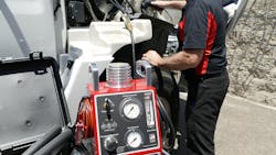 The HD PowerSmoke from Redline Detection allows diesel technicians to perform an innovative leak detection procedure outlined in RP 375. The HD PowerSmoke from Redline Detection allows diesel technicians to perform an innovative leak detection procedure outlined in RP 375.