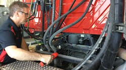 The NanoLeak Finder allows for easy connection to a vehicle’s main air-holding tank for the brake system. An automated, two-minute test is run to determine how much leak-down is occurring. The final step is to “sniff out” the leak with the NanoLeak sniffing device. The NanoLeak Finder allows for easy connection to a vehicle’s main air-holding tank for the brake system. An automated, two-minute test is run to determine how much leak-down is occurring. The final step is to “sniff out” the leak with the NanoLeak sniffing device.