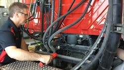 The NanoLeak Finder allows for easy connection to a vehicle’s main air-holding tank for the brake system. An automated, two-minute test is run to determine how much leak-down is occurring. The final step is to “sniff out” the leak with the NanoLeak sniffing device. The NanoLeak Finder allows for easy connection to a vehicle’s main air-holding tank for the brake system. An automated, two-minute test is run to determine how much leak-down is occurring. The final step is to “sniff out” the leak with the NanoLeak sniffing device.