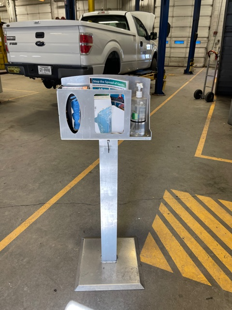 At all shop entrances there are stand mounted stations with hand sanitizer, masks, and gloves, and disinfecting wipes and bleach solutions are available to address common touch points in shops and on vehicles. At all shop entrances there are stand mounted stations with hand sanitizer, masks, and gloves, and disinfecting wipes and bleach solutions are available to address common touch points in shops and on vehicles.