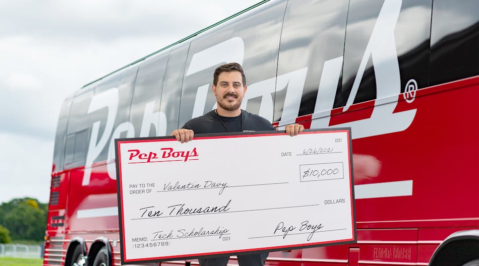 Pep Boys announced the 15 recipients of its annual Find Your Drive $100,000 scholarship program, including this $10,000 scholarship awarded to Valentin Davy during the #PepBoysRoadTrip Orlando centennial road trip kick-off event. Davy is a student at the Universal Technical Institute in Orlando, Florida.