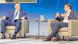 During an ACT Expo Fireside Chat, (from left) Erik Neandross, Gladstein, Neandross & Associates CEO, discusses the road to zero-emission trucks with Patrick Carré, VP of Shell’s Commercial Road Transport Sector. During an ACT Expo Fireside Chat, (from left) Erik Neandross, Gladstein, Neandross & Associates CEO, discusses the road to zero-emission trucks with Patrick Carré, VP of Shell’s Commercial Road Transport Sector.